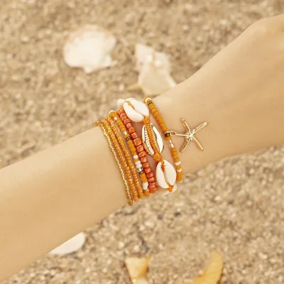 Women's Leisure Holiday Beach Starfish Shell Rice Beads Multi-Layer Beaded Bracelet Set