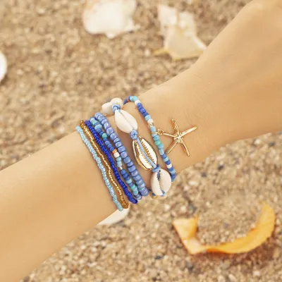 Women's Leisure Holiday Beach Starfish Shell Rice Beads Multi-Layer Beaded Bracelet Set