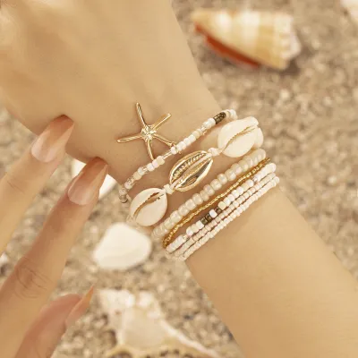 Women's Leisure Holiday Beach Starfish Shell Rice Beads Multi-Layer Beaded Bracelet Set