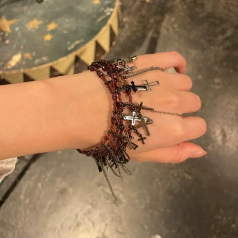 Women's Diablo Gothic Cross Tassel Beaded Bracelet