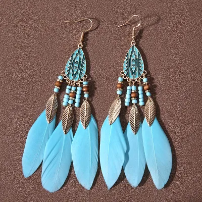 Bohemian Ethnic Style Retro Tassel Feather Drop Earrings