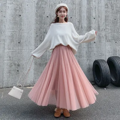 Women Fashion Solid Color Mesh Multi-Layer A-Line Skirt