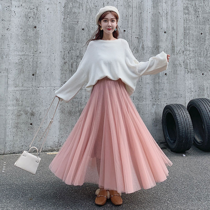 【COLOR iN ID】Glossy mesh layered skirt Women Girl Lace Mesh Skirts Sequin Ruffles Tiered Midi