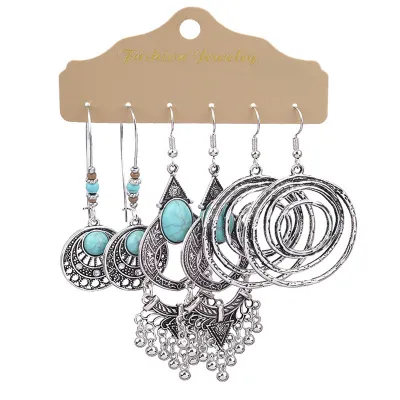 Bohemian Ethnic Retro Geometric Tassel Earrings Set