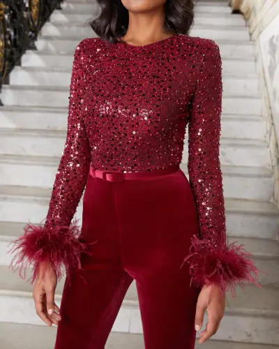 Women Fashion Feather Sequin Stitching Long Sleeve Jumpsuits