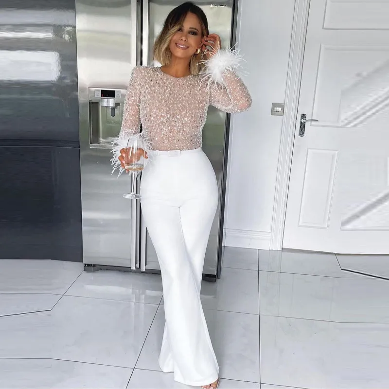 Women Fashion Feather Sequin Stitching Long Sleeve Jumpsuits