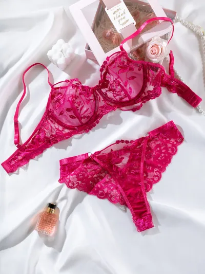 Women Floral Embroidered Perspective Sexy Underwear Bra Panties Set