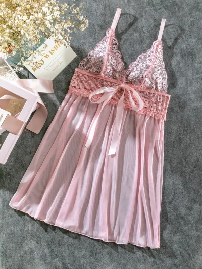 Women Fashion Sexy Deep V Lace Mesh Sling Skirt Pajamas
