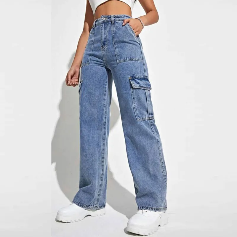 Women Casual Loose Straight Denim Cargo Pants