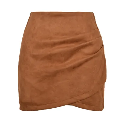 Women Retro Solid Color Irregular Suede Skirt