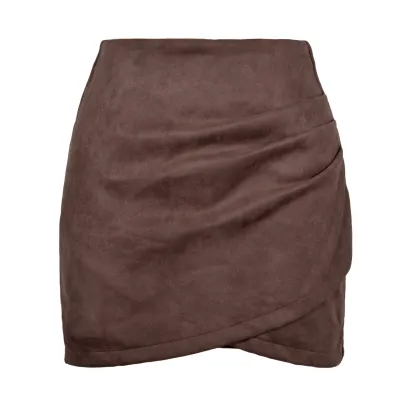 Women Retro Solid Color Irregular Suede Skirt