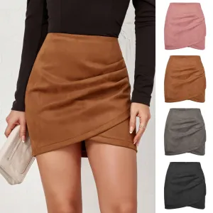 Women Retro Solid Color Irregular Suede Skirt