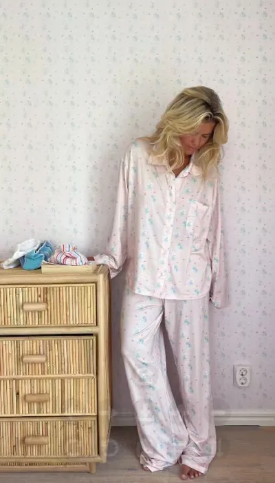 Women Casual Print Pajamas Set with Lapel Collar