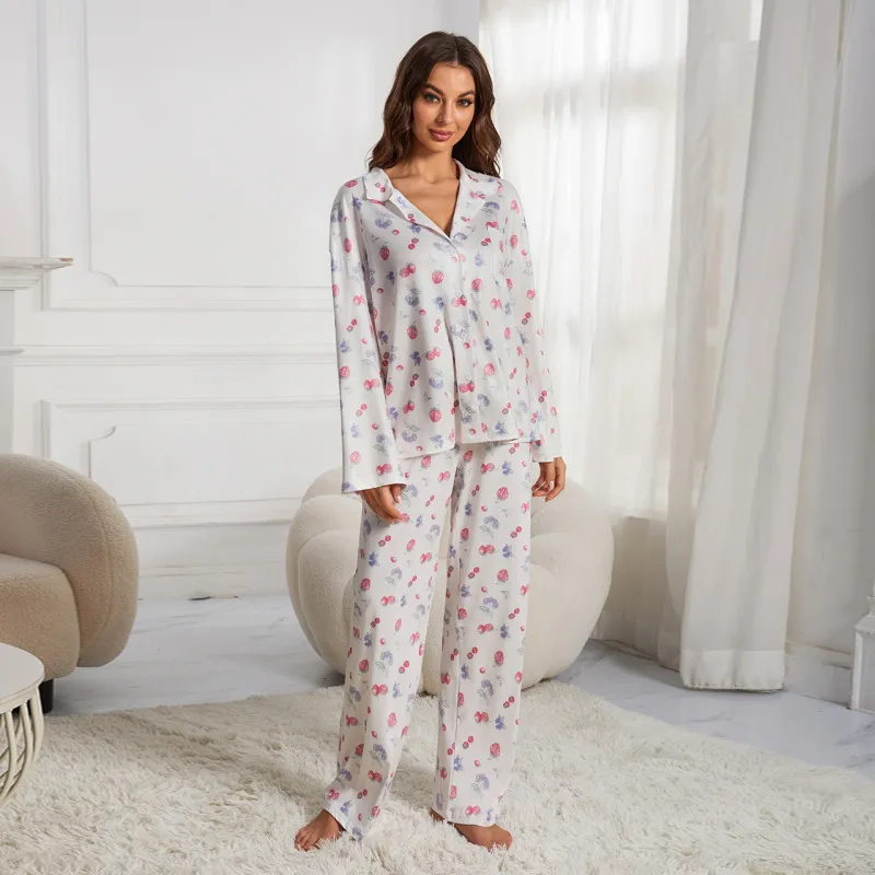 Women Casual Print Pajamas Set with Lapel Collar