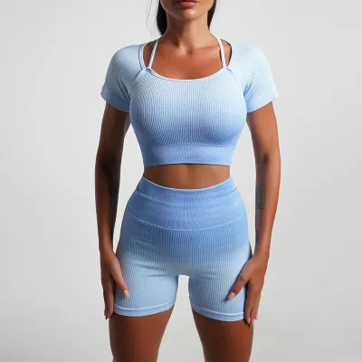 Women Fashion Solid Color Halter-Neck Backless Crop Top Tight Shorts Yoga Sports Quick-Drying Two-Piece Set