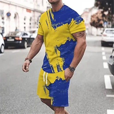 Men Fashion Casual 3D Print Plus Size Short Sleeve Round Neck T-Shirt Shorts Set