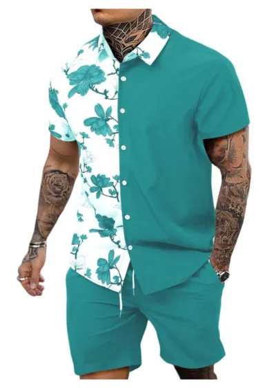 Men's Plus Size Casual 3D Print Short Sleeve Lapel Shirt and Shorts Set