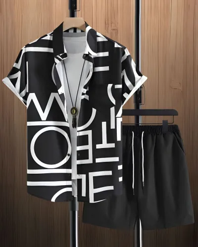 Men's Plus Size Casual 3D Print Short Sleeve Lapel Shirt and Shorts Set