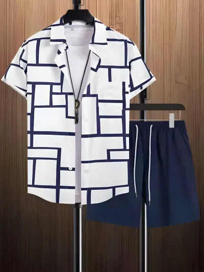 Men's Plus Size Casual 3D Print Short Sleeve Lapel Shirt and Shorts Set