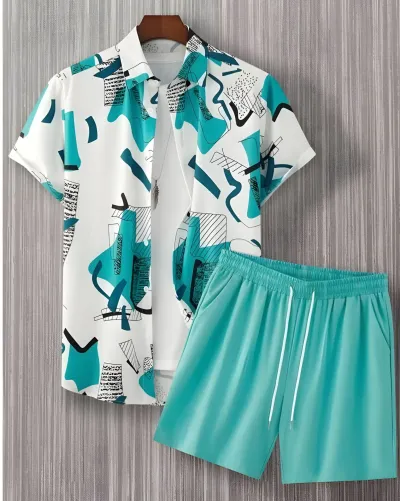 Men's Plus Size Casual 3D Print Short Sleeve Lapel Shirt and Shorts Set