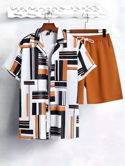 Men's Plus Size Casual 3D Print Short Sleeve Lapel Shirt and Shorts Set