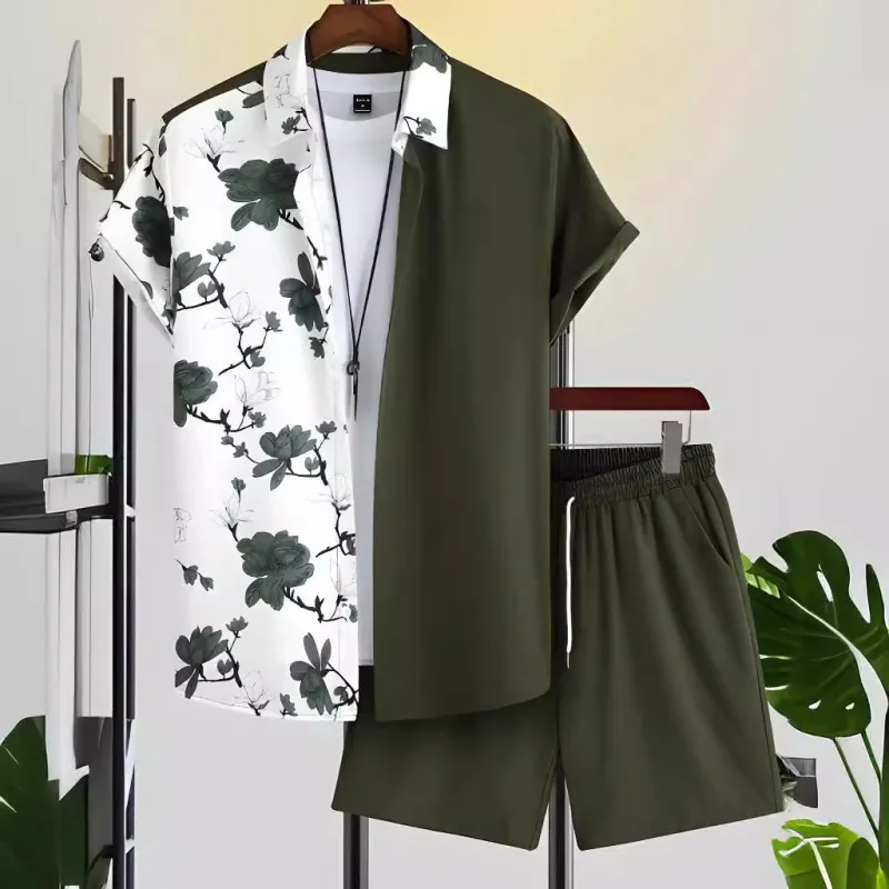 Men's Plus Size Casual 3D Print Short Sleeve Lapel Shirt and Shorts Set