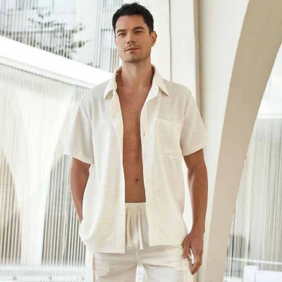 Men Fashion Casual Basic Solid Color Short Sleeve Lapel Shirt