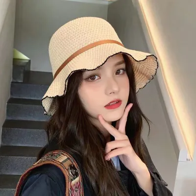 Summer Women Fashion Wavy Edge Grass Woven Sunscreen Bucket Hats