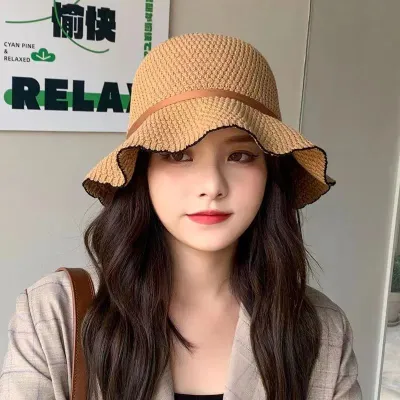 Summer Women Fashion Wavy Edge Grass Woven Sunscreen Bucket Hats