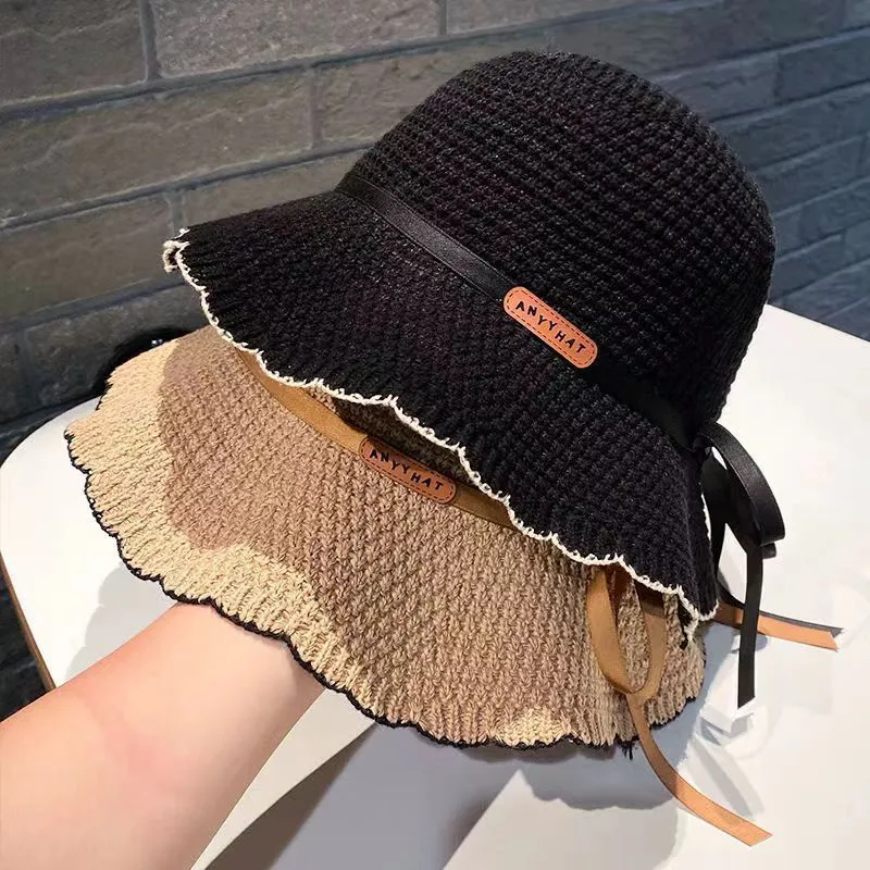 Summer Women Fashion Wavy Edge Grass Woven Sunscreen Bucket Hats