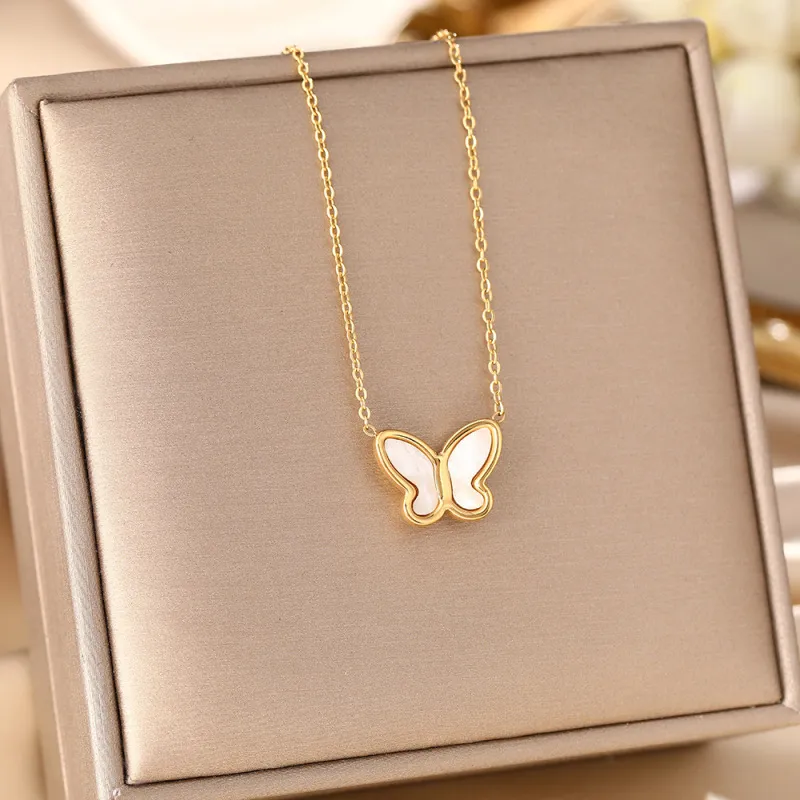 Women Fashion Shell Butterfly Pendant Titanium Steel Necklace