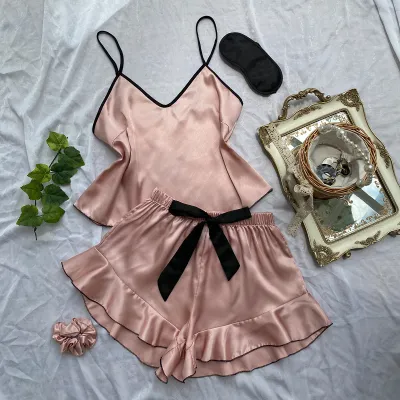Women Sexy Strap Top Shorts Pajamas Set - Simulation Silk