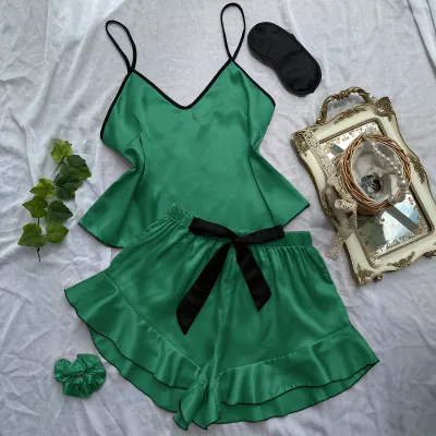 Women Sexy Strap Top Shorts Pajamas Set - Simulation Silk