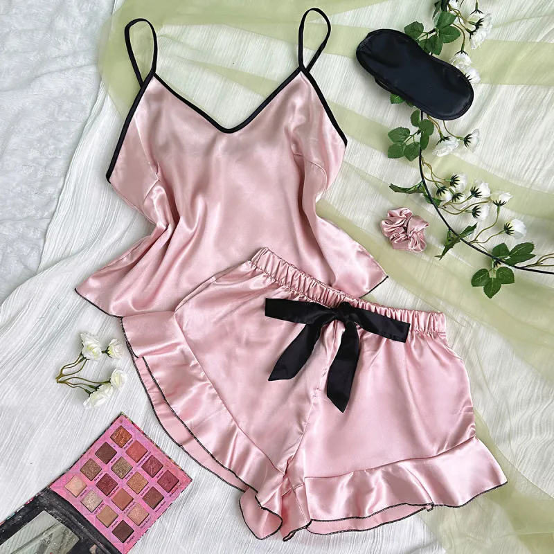 Women Sexy Strap Top Shorts Pajamas Set - Simulation Silk