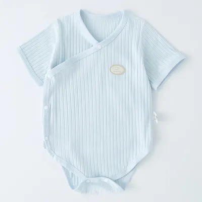 Kids Baby Boys Girls Casual Cotton Stripe Short Sleeve Romper with Oblique Placket