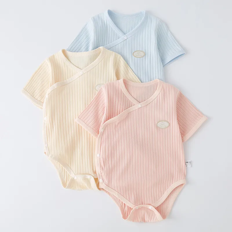 Kids Baby Boys Girls Casual Cotton Stripe Short Sleeve Romper with Oblique Placket
