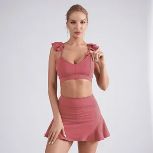 Women Solid Color Yoga Tennis Sport Skirt Set