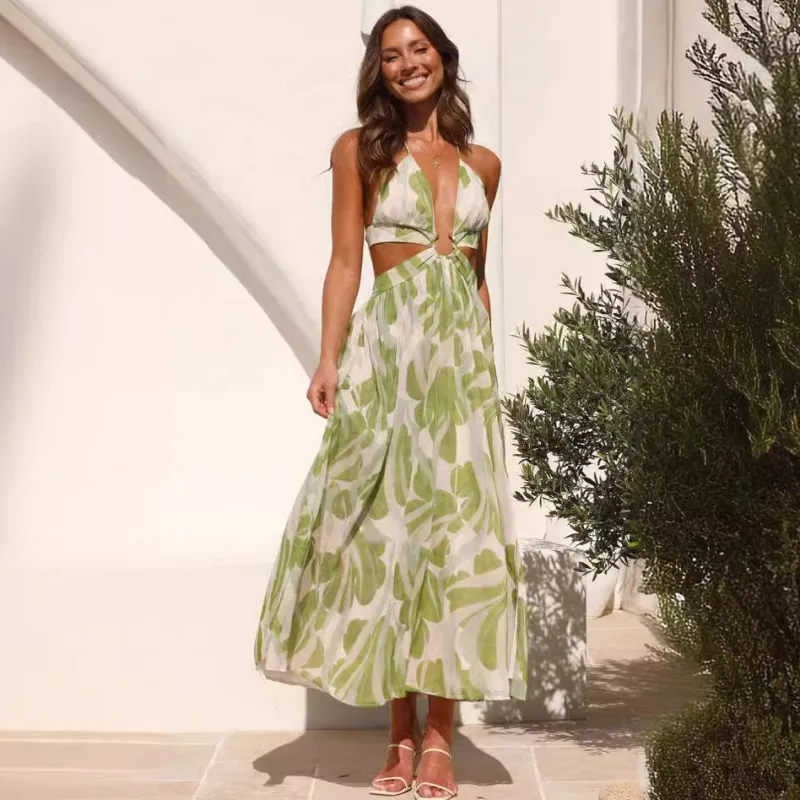Vacation Women Fashion V-Neck Backless Lace-Up Printed Maxi Dress