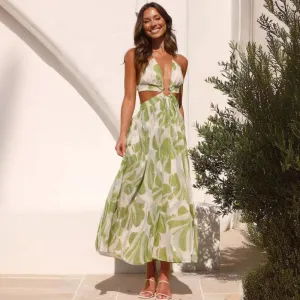 Vacation Women Fashion V-Neck Backless Lace-Up Printed Maxi Dress