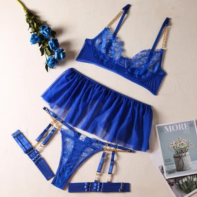 Women Sexy Metal Chain Lace Rib Bra Mesh Underwear Set