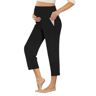 Maternity High Waist Casual Pants - Solid Color Cotton Capris