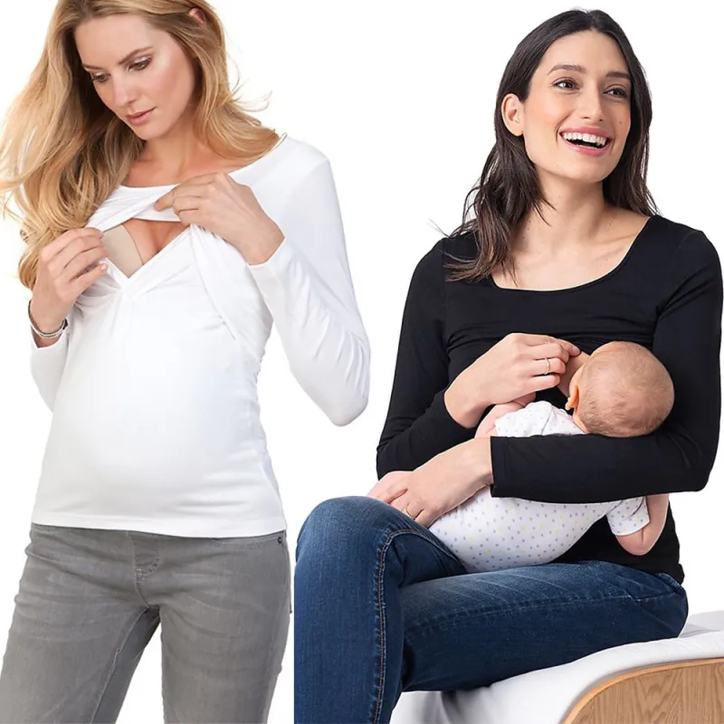 Pregnant Women Fashion Solid Color Crewneck Long Sleeve Breastfeeding Top