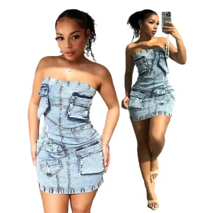 Women Fashion Sexy Mini Strapless Denim Tube Pocket Bodycon Dress
