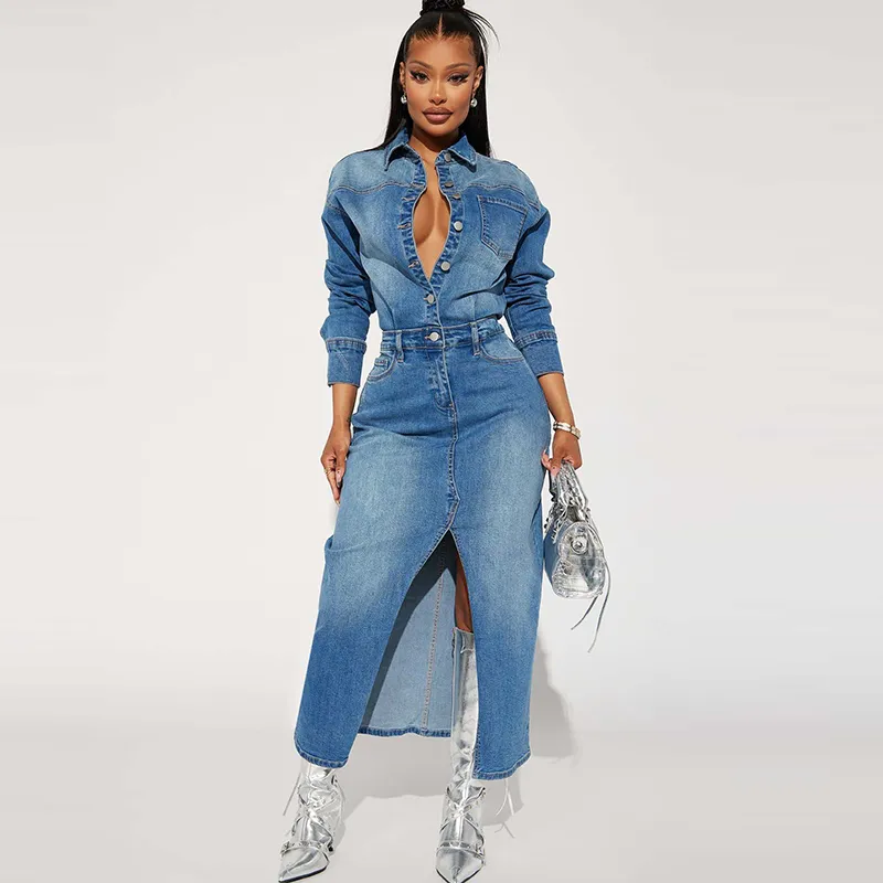 Women's Denim Split Dress with Lapel Button Long Sleeve