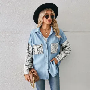 Women's Leopard Stitching Denim Shirt Cardigan - Street Style Long Sleeve Loose Fit