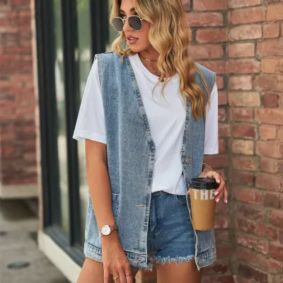 Women Fashion Casual Sleeveless Denim Vest Cardigan Street Hipster