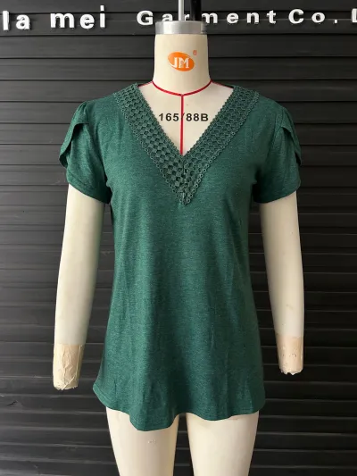 Women Spring Summer V-Neck Petal Short Sleeve Solid Color Blouse