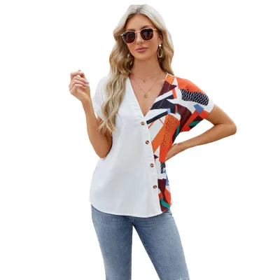 Women Spring Summer V-Neck Geometric Print Short Sleeve Chiffon Blouse
