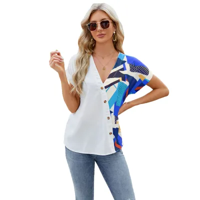 Women Spring Summer V-Neck Geometric Print Short Sleeve Chiffon Blouse