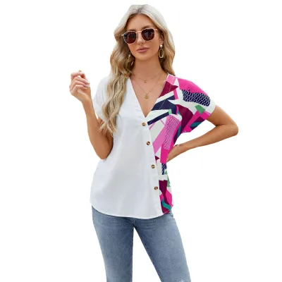 Women Spring Summer V-Neck Geometric Print Short Sleeve Chiffon Blouse